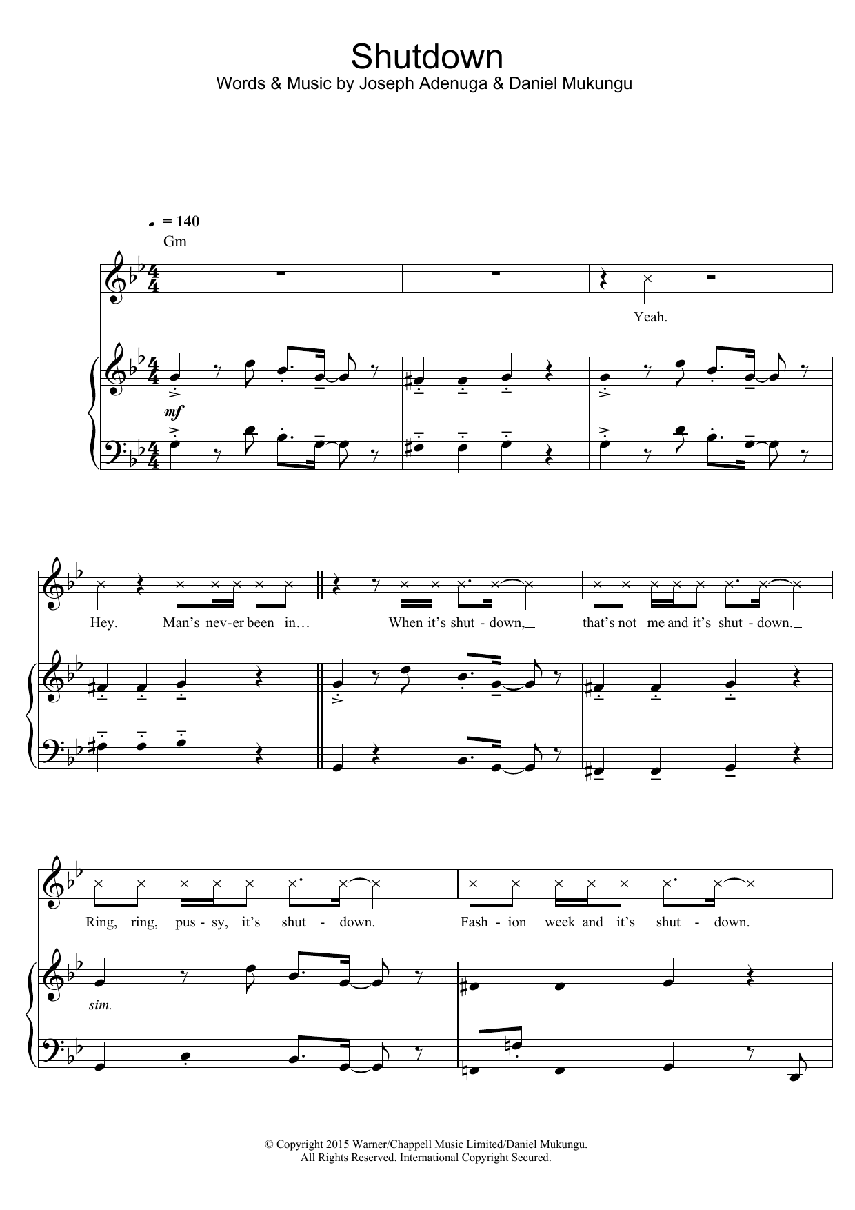 Skepta Shutdown Sheet Music Notes & Chords for Piano, Vocal & Guitar - Download or Print PDF