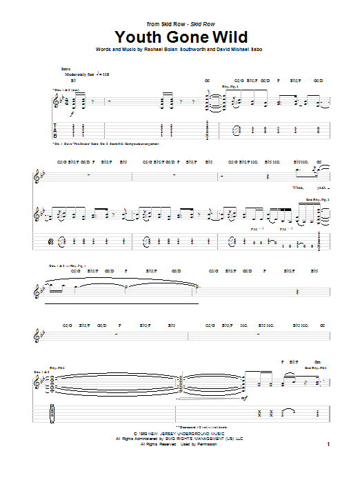 Skid Row Youth Gone Wild Sheet Music Notes & Chords for Guitar Tab - Download or Print PDF