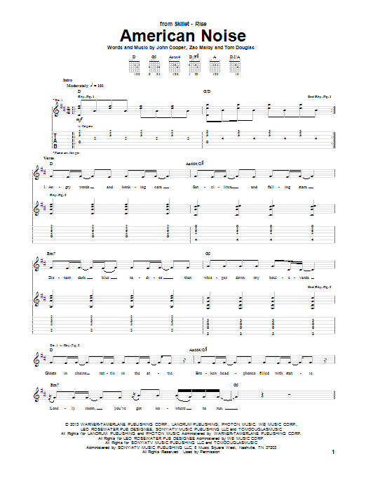 Skillet American Noise Sheet Music Notes & Chords for Guitar Tab - Download or Print PDF