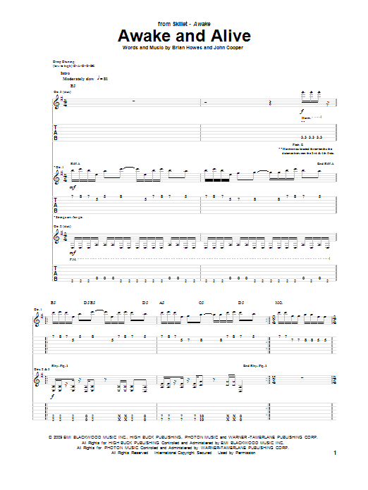 Skillet Awake And Alive Sheet Music Notes & Chords for Guitar Tab - Download or Print PDF