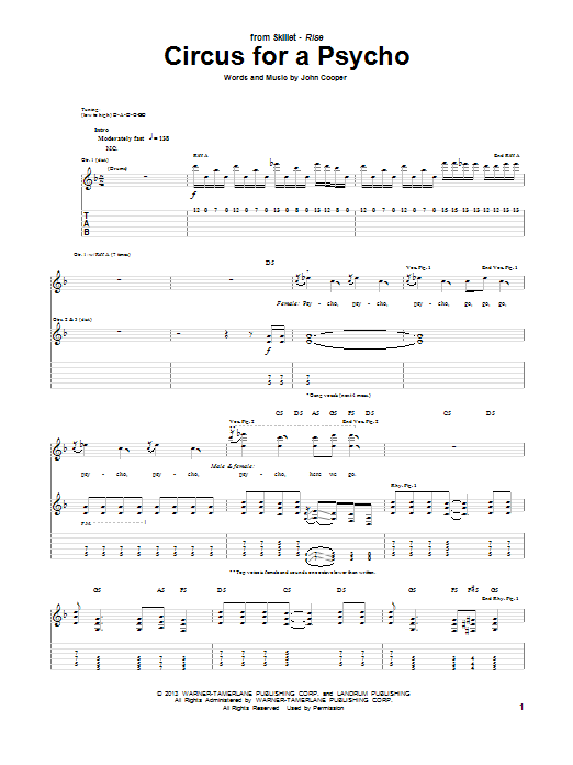 Skillet Circus For A Psycho Sheet Music Notes & Chords for Guitar Tab - Download or Print PDF