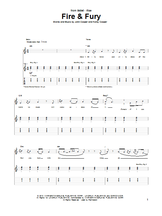 Skillet Fire & Fury Sheet Music Notes & Chords for Guitar Tab - Download or Print PDF