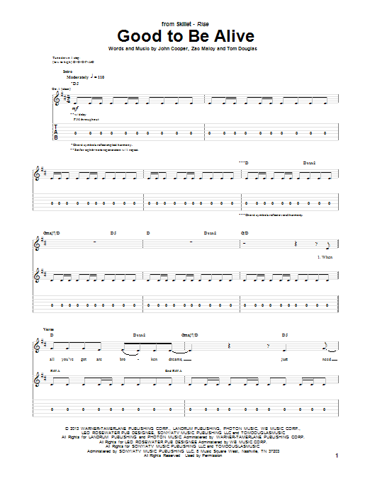 Skillet Good To Be Alive Sheet Music Notes & Chords for Guitar Tab - Download or Print PDF