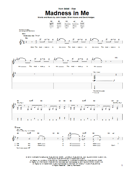 Skillet Madness In Me Sheet Music Notes & Chords for Guitar Tab - Download or Print PDF