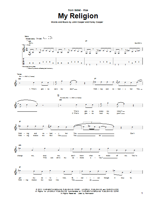 Skillet My Religion Sheet Music Notes & Chords for Guitar Tab - Download or Print PDF