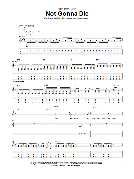 Skillet Not Gonna Die Sheet Music Notes & Chords for Guitar Tab - Download or Print PDF