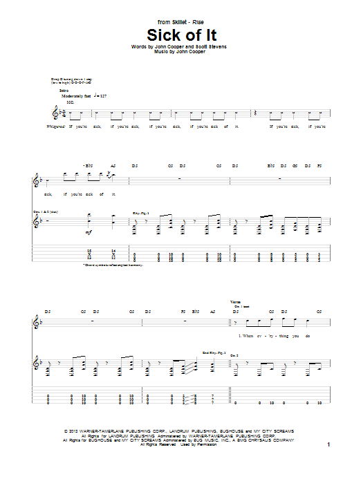 Skillet Sick Of It Sheet Music Notes & Chords for Guitar Tab - Download or Print PDF