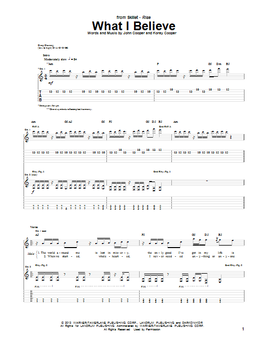 Skillet What I Believe Sheet Music Notes & Chords for Guitar Tab - Download or Print PDF