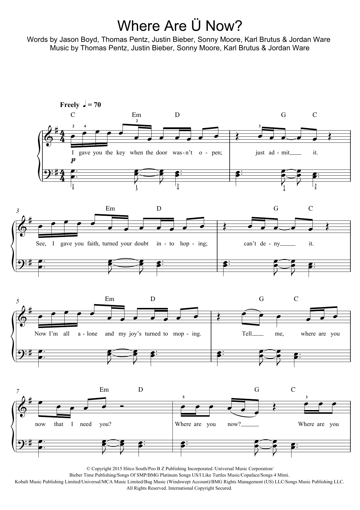 Skrillex Where Are U Now (featuring Justin Bieber) Sheet Music Notes & Chords for Beginner Piano - Download or Print PDF