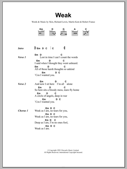 Skunk Anansie Weak Sheet Music Notes & Chords for Piano, Vocal & Guitar (Right-Hand Melody) - Download or Print PDF