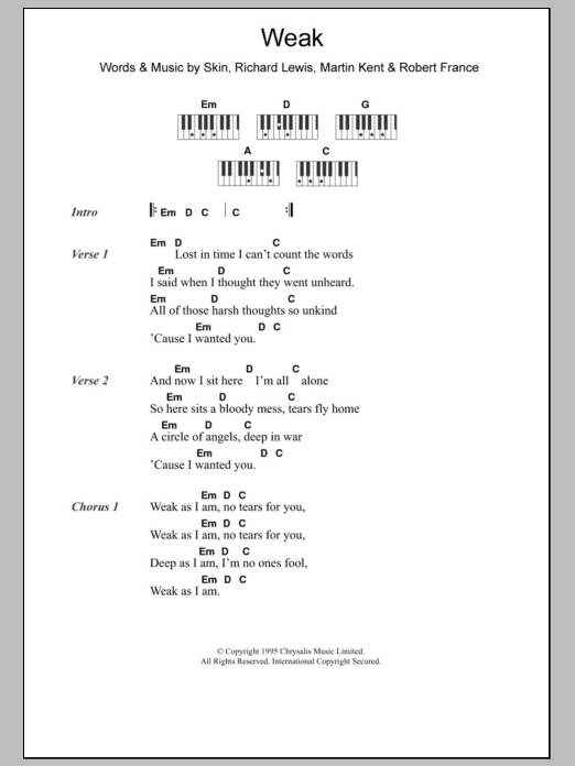 Skunk Anansie Weak Sheet Music Notes & Chords for Piano, Vocal & Guitar (Right-Hand Melody) - Download or Print PDF