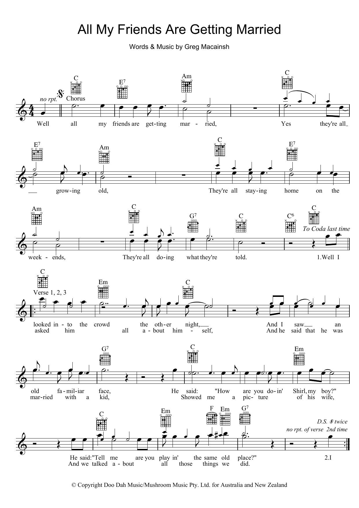 Skyhooks All My Friends Are Getting Married Sheet Music Notes & Chords for Piano, Vocal & Guitar (Right-Hand Melody) - Download or Print PDF