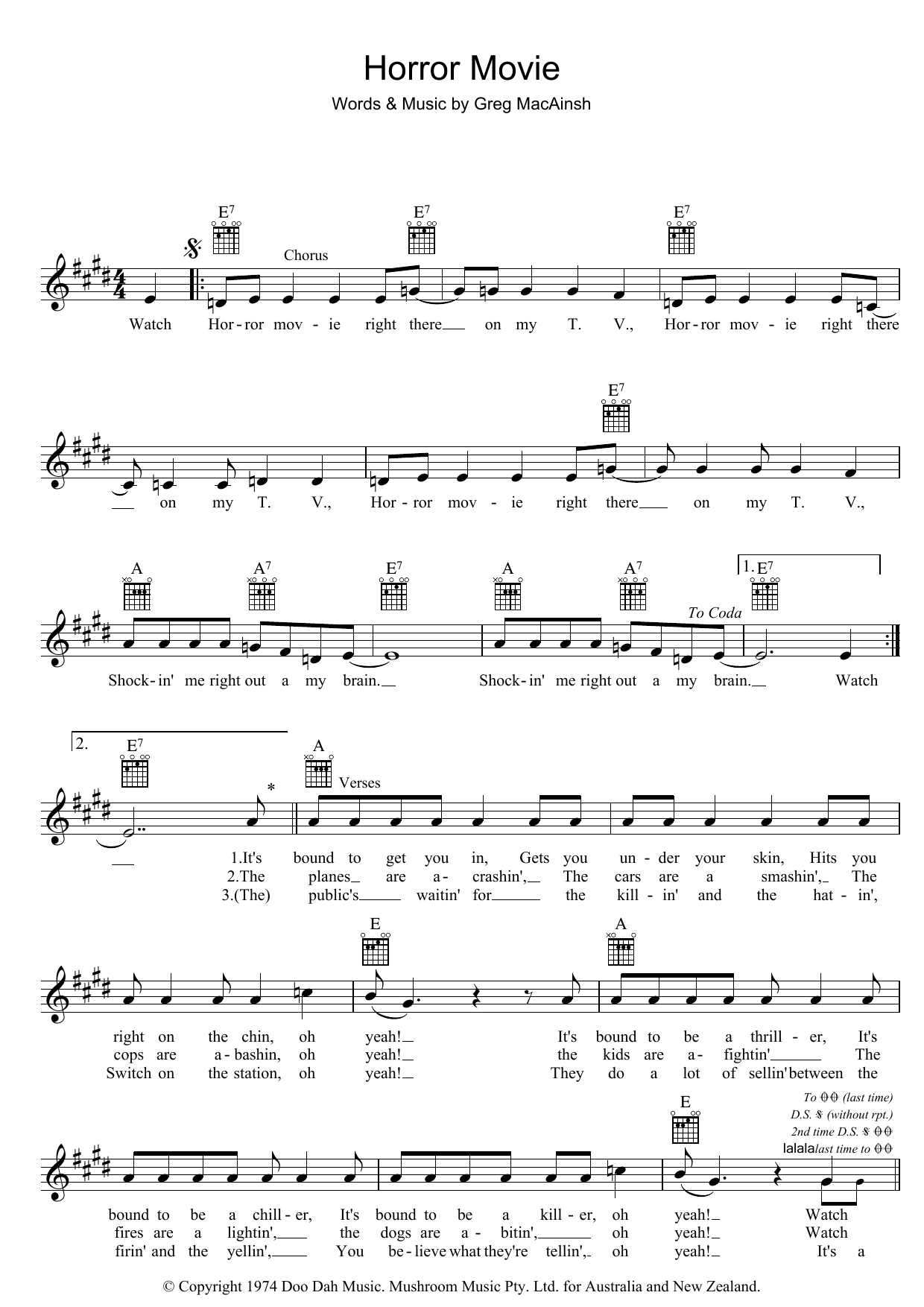 Skyhooks Horror Movie Sheet Music Notes & Chords for Melody Line, Lyrics & Chords - Download or Print PDF