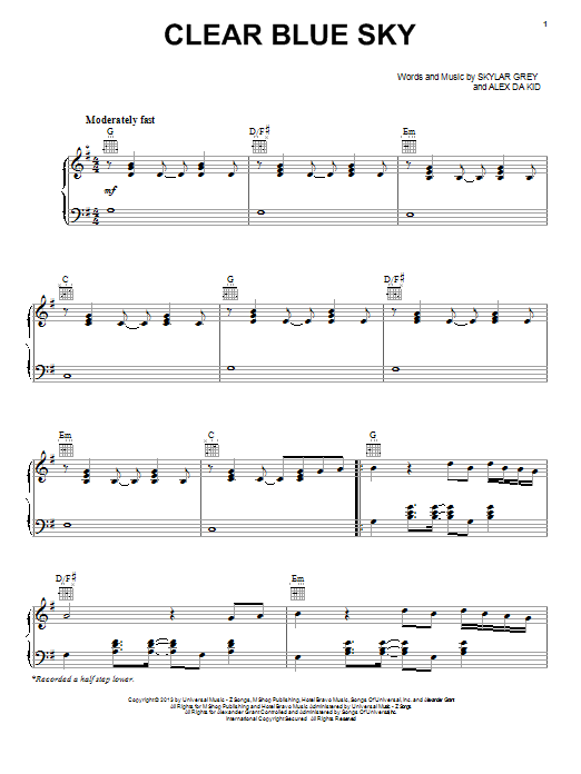 Skylar Grey Clear Blue Sky Sheet Music Notes & Chords for Piano, Vocal & Guitar (Right-Hand Melody) - Download or Print PDF