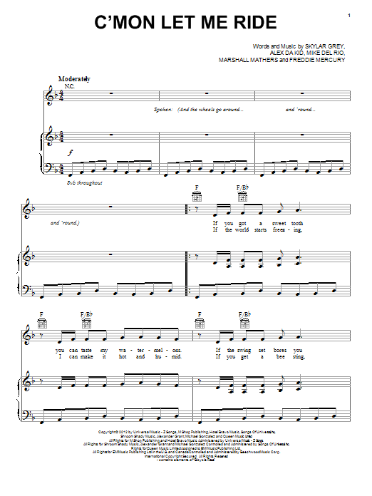 Skylar Grey C'mon Let Me Ride Sheet Music Notes & Chords for Piano, Vocal & Guitar (Right-Hand Melody) - Download or Print PDF