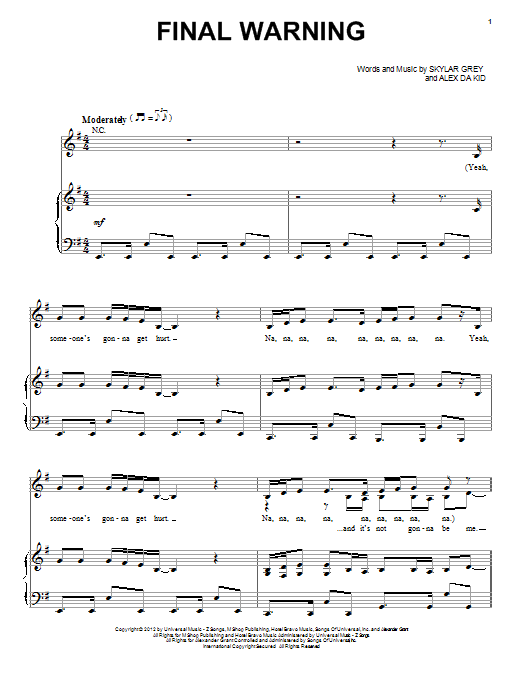 Skylar Grey Final Warning Sheet Music Notes & Chords for Piano, Vocal & Guitar (Right-Hand Melody) - Download or Print PDF