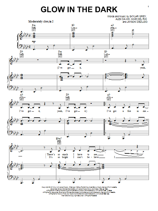 Skylar Grey Glow In The Dark Sheet Music Notes & Chords for Piano, Vocal & Guitar (Right-Hand Melody) - Download or Print PDF