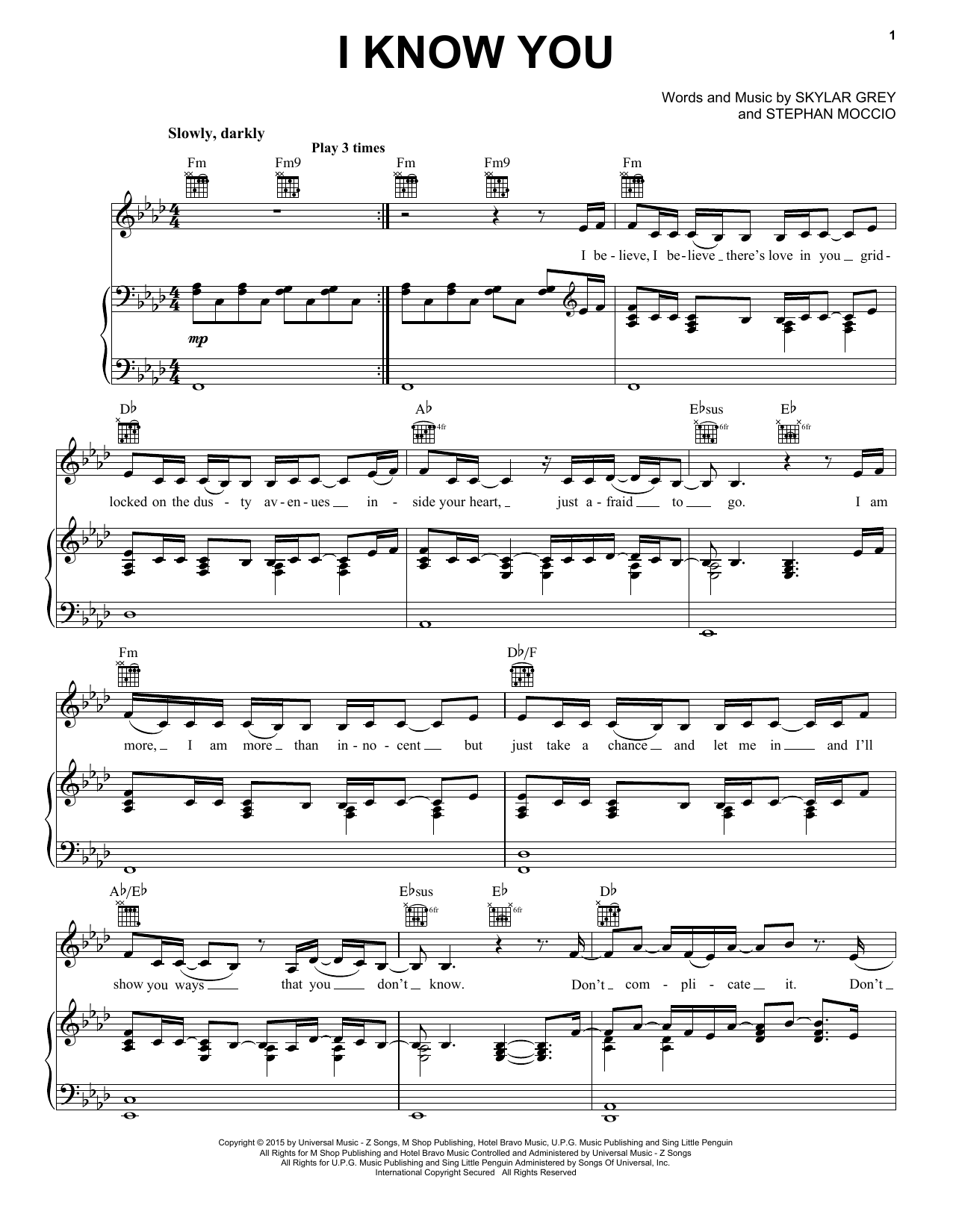 Skylar Grey I Know You Sheet Music Notes & Chords for Piano, Vocal & Guitar (Right-Hand Melody) - Download or Print PDF