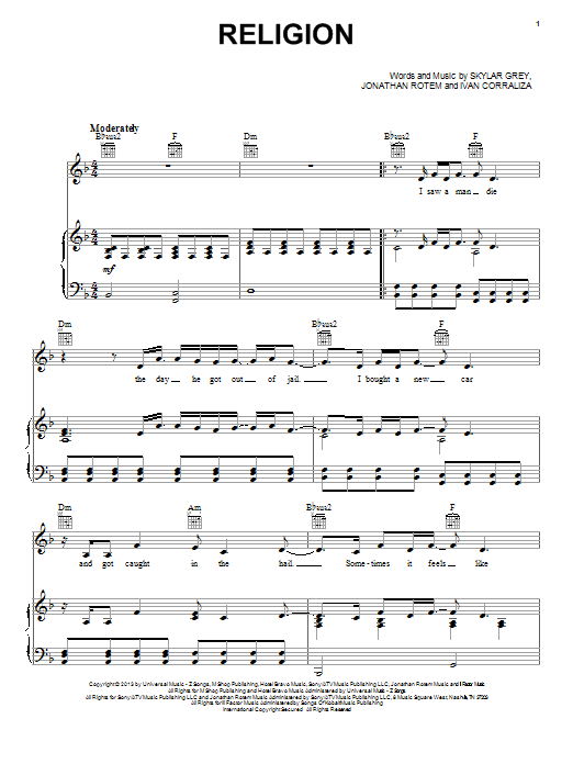 Skylar Grey Religion Sheet Music Notes & Chords for Piano, Vocal & Guitar (Right-Hand Melody) - Download or Print PDF
