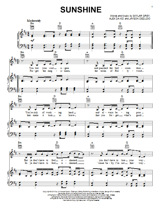 Skylar Grey Sunshine Sheet Music Notes & Chords for Piano, Vocal & Guitar (Right-Hand Melody) - Download or Print PDF Skylar Grey Sunshine Sheet Music Notes & Chords for Piano, Vocal & Guitar (Right-Hand Melody) - Download or Print PDF