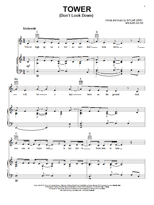 Skylar Grey Tower (Don't Look Down) Sheet Music Notes & Chords for Piano, Vocal & Guitar (Right-Hand Melody) - Download or Print PDF