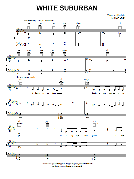 Skylar Grey White Suburban Sheet Music Notes & Chords for Piano, Vocal & Guitar (Right-Hand Melody) - Download or Print PDF