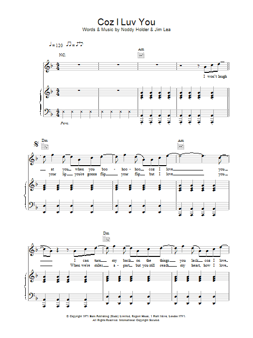 Slade Coz I Luv You Sheet Music Notes & Chords for Piano, Vocal & Guitar - Download or Print PDF