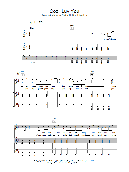 Slade Coz I Luv You Sheet Music Notes & Chords for Lyrics & Chords - Download or Print PDF