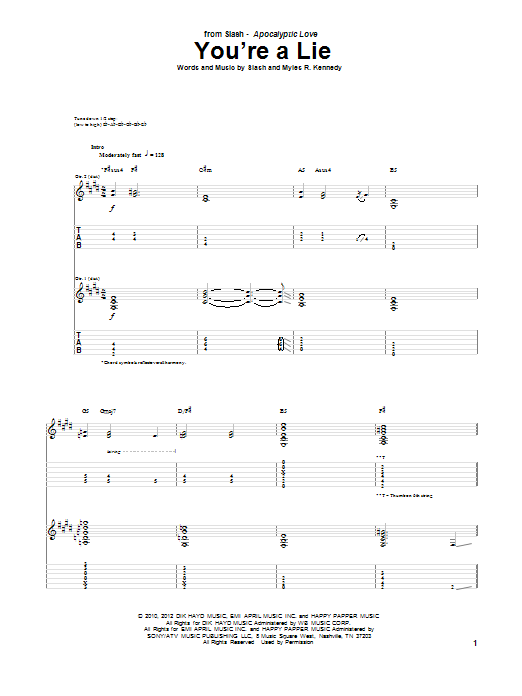 Slash You're A Lie Sheet Music Notes & Chords for Guitar Tab - Download or Print PDF