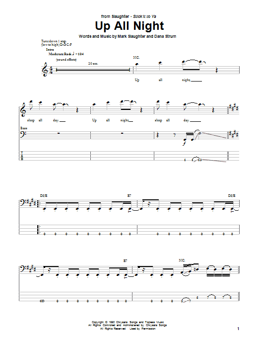 Slaughter Up All Night Sheet Music Notes & Chords for Bass Guitar Tab - Download or Print PDF