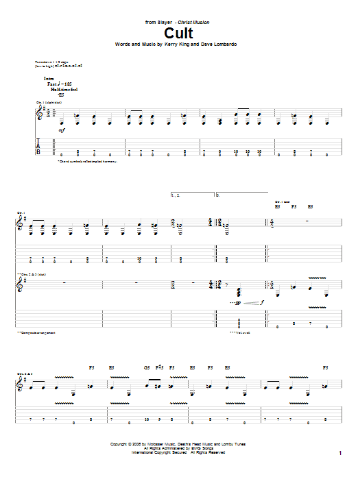 Slayer Cult Sheet Music Notes & Chords for Guitar Tab - Download or Print PDF