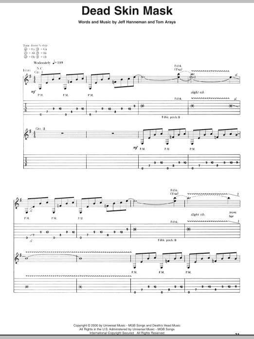Slayer Dead Skin Mask Sheet Music Notes & Chords for Guitar Tab Play-Along - Download or Print PDF