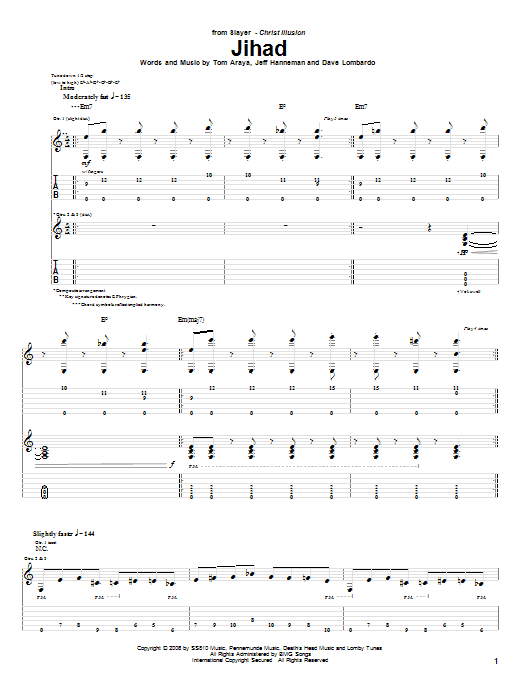 Slayer Jihad Sheet Music Notes & Chords for Guitar Tab - Download or Print PDF