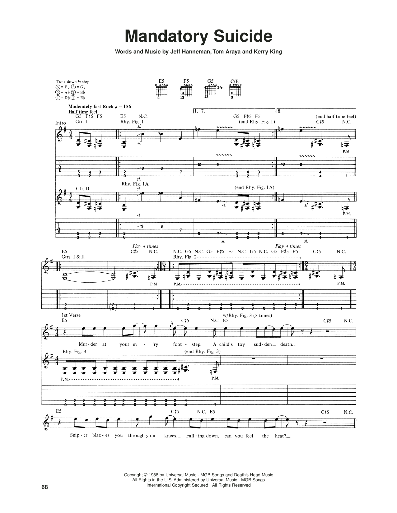 Slayer Mandatory Suicide Sheet Music Notes & Chords for Guitar Tab - Download or Print PDF