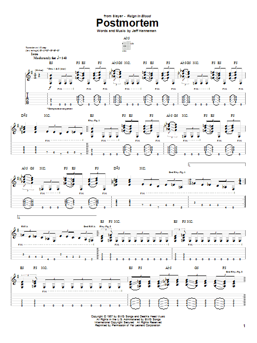 Slayer Postmortem Sheet Music Notes & Chords for Guitar Tab Play-Along - Download or Print PDF