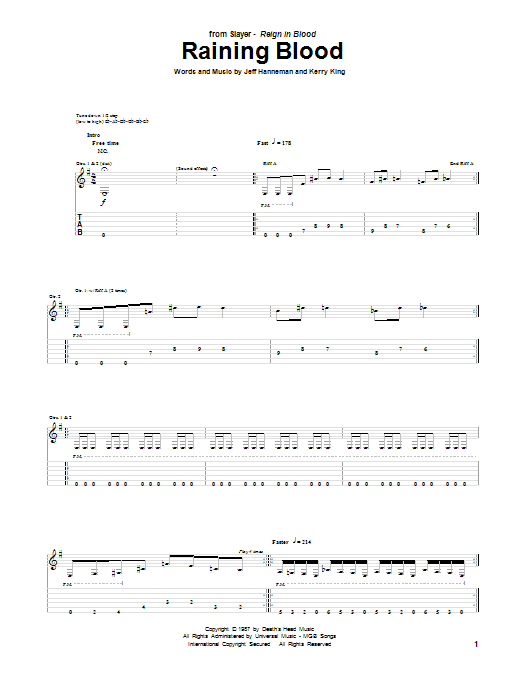 Slayer Raining Blood Sheet Music Notes & Chords for Lyrics & Chords - Download or Print PDF