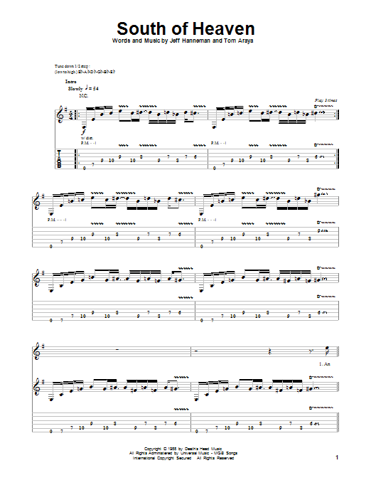 Slayer South Of Heaven Sheet Music Notes & Chords for Guitar Tab Play-Along - Download or Print PDF
