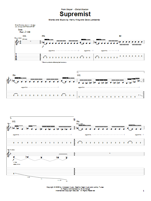 Slayer Supremist Sheet Music Notes & Chords for Guitar Tab - Download or Print PDF