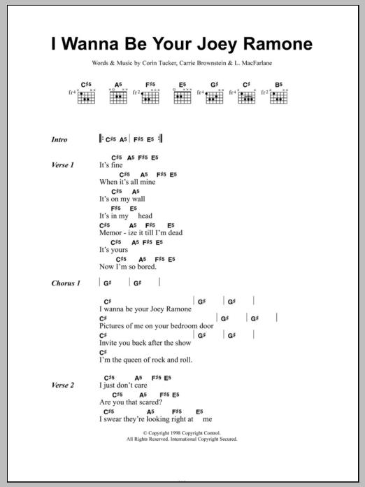 Sleater-Kinney I Wanna Be Your Joey Ramone Sheet Music Notes & Chords for Lyrics & Chords - Download or Print PDF