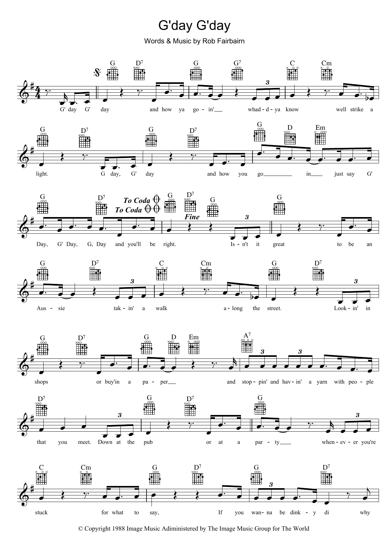 Slim Dusty G'day, G'day Sheet Music Notes & Chords for Melody Line, Lyrics & Chords - Download or Print PDF