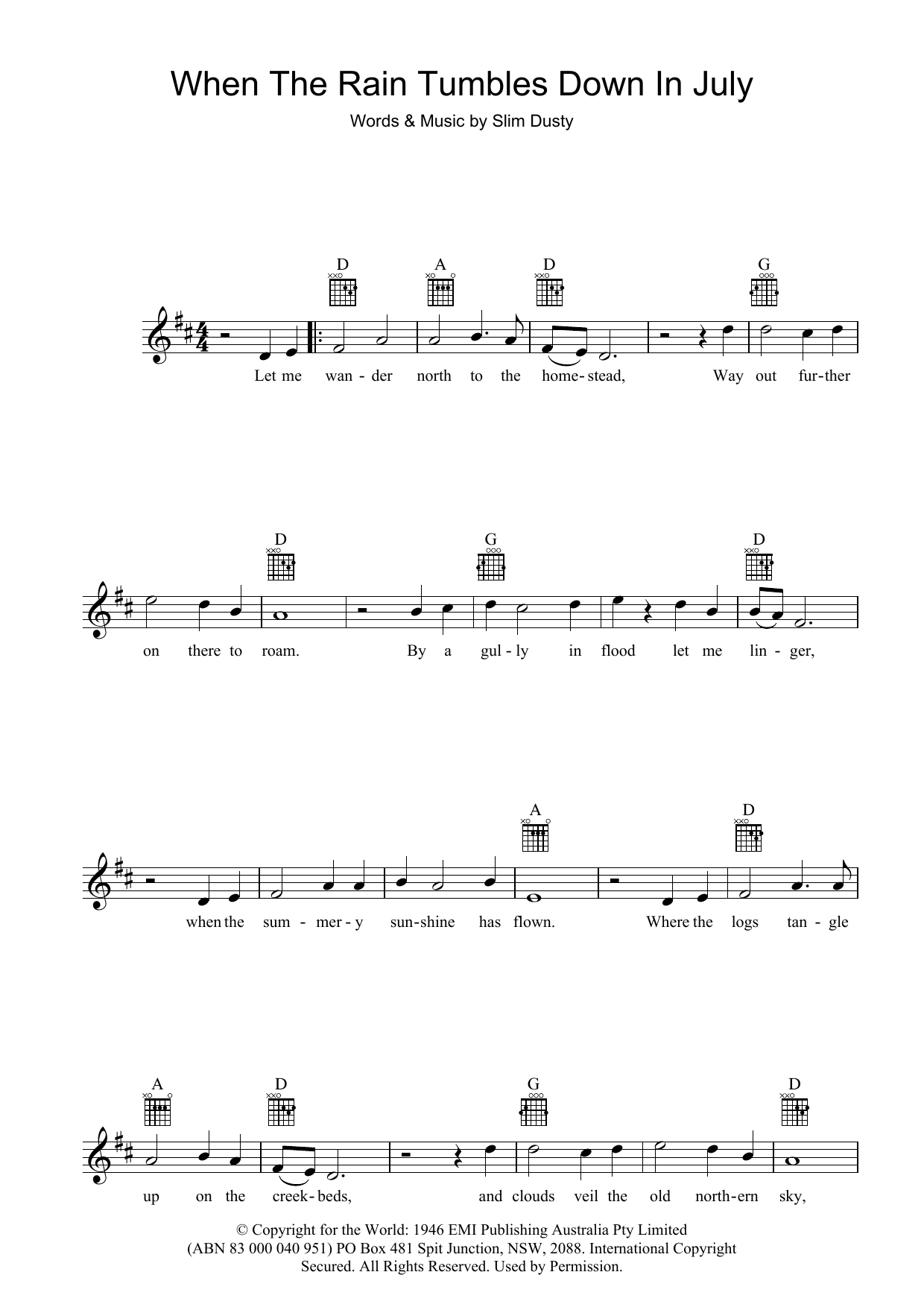 Slim Dusty When The Rain Tumbles Down In July Sheet Music Notes & Chords for Melody Line, Lyrics & Chords - Download or Print PDF