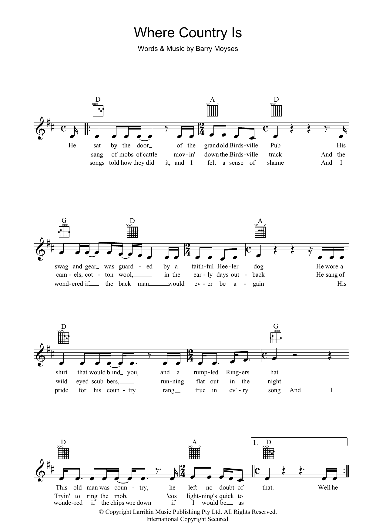 Slim Dusty Where Country Is Sheet Music Notes & Chords for Melody Line, Lyrics & Chords - Download or Print PDF