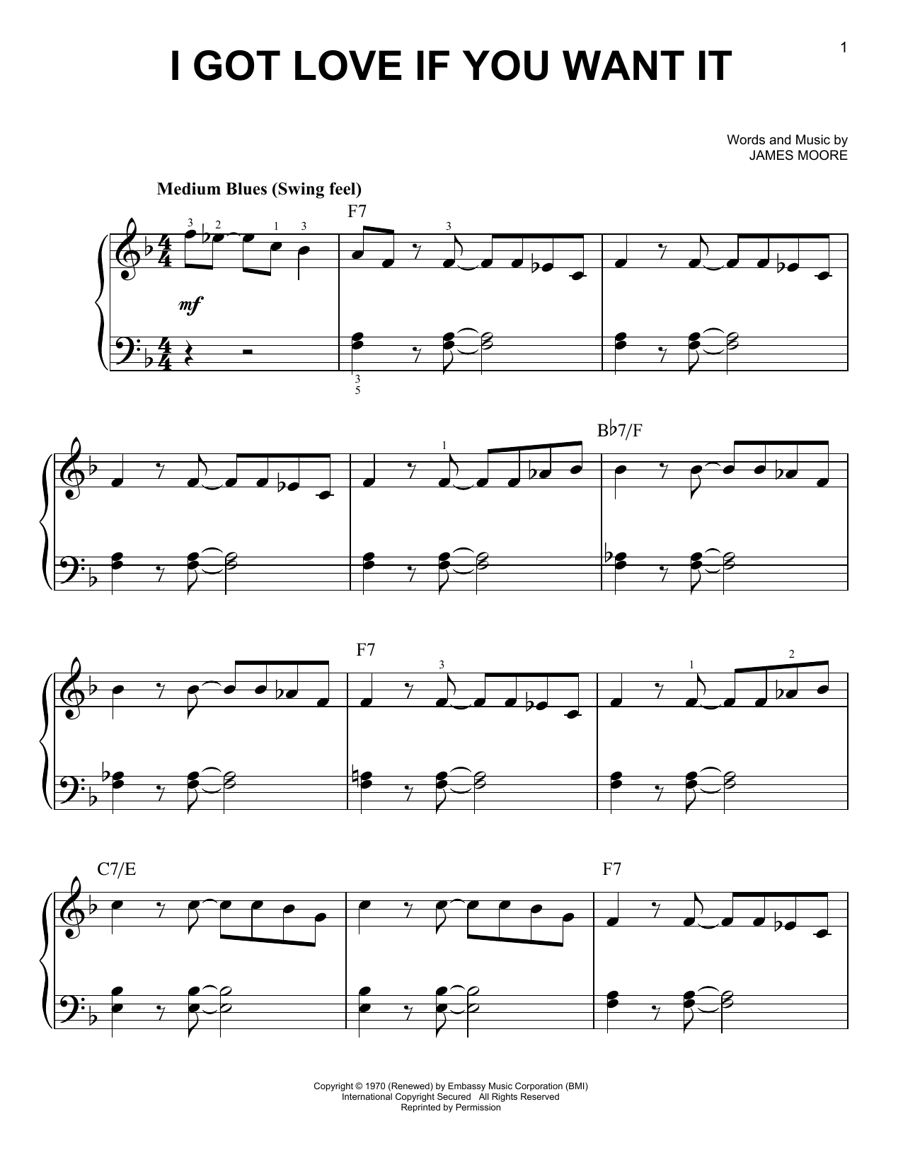 Slim Harpo I Got Love If You Want It Sheet Music Notes & Chords for Very Easy Piano - Download or Print PDF