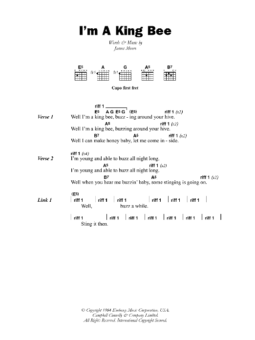 Slim Harpo I'm A King Bee Sheet Music Notes & Chords for Lyrics & Chords - Download or Print PDF