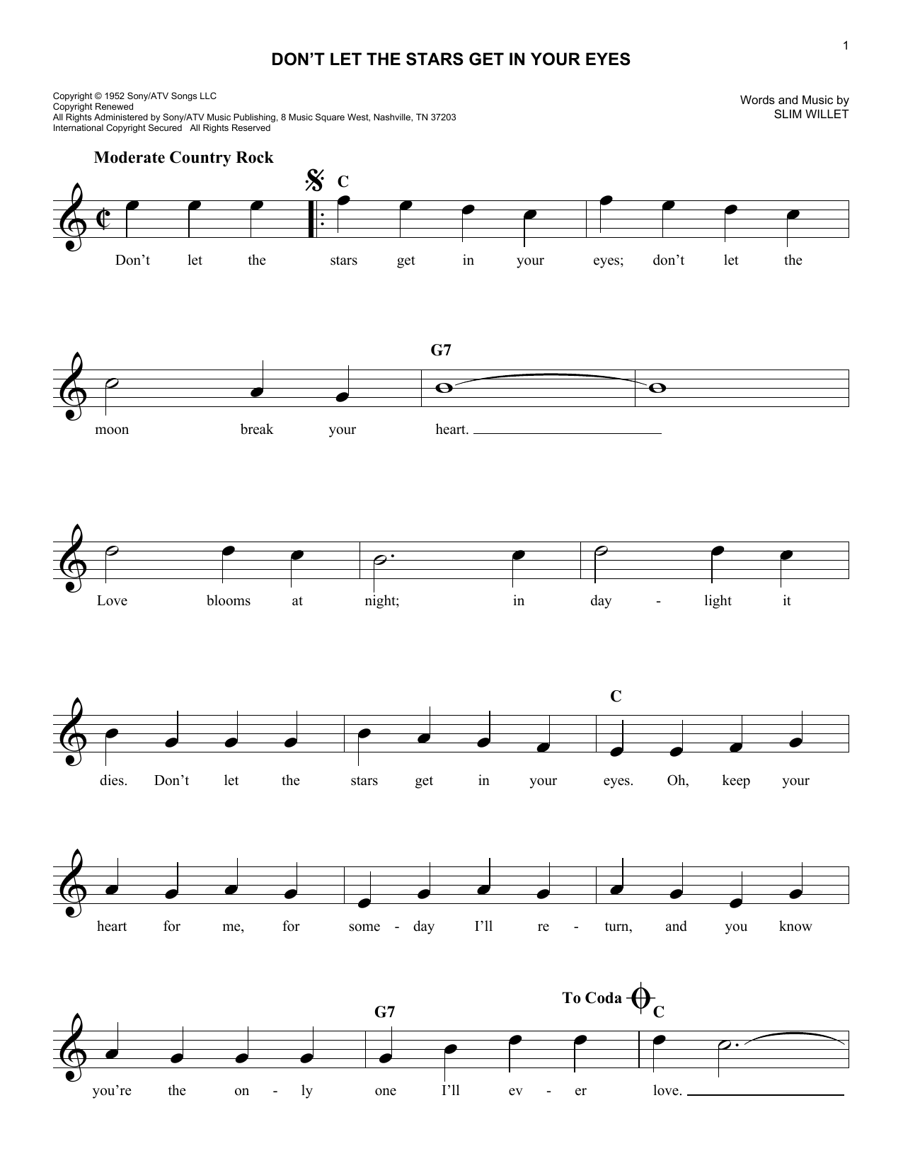 Slim Willet Don't Let The Stars Get In Your Eyes Sheet Music Notes & Chords for Melody Line, Lyrics & Chords - Download or Print PDF
