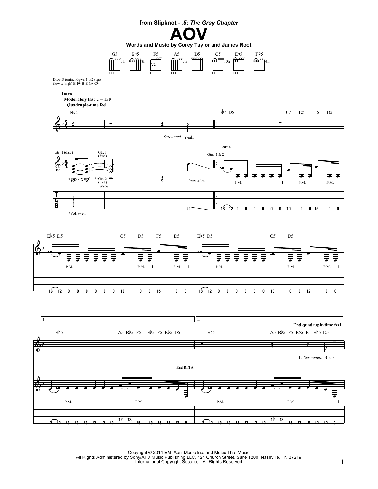 Slipknot AOV Sheet Music Notes & Chords for Guitar Tab - Download or Print PDF