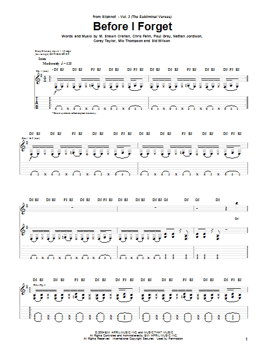Slipknot Before I Forget Sheet Music Notes & Chords for Bass Guitar Tab - Download or Print PDF