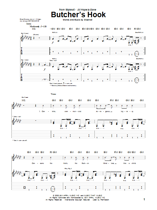 Slipknot Butcher's Hook Sheet Music Notes & Chords for Guitar Tab - Download or Print PDF
