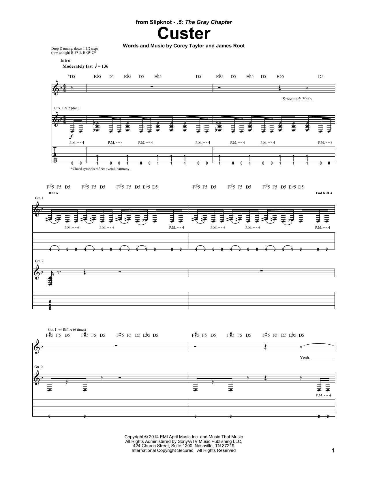 Slipknot Custer Sheet Music Notes & Chords for Guitar Tab - Download or Print PDF