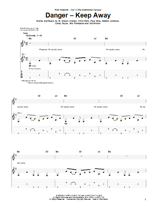 Slipknot Danger - Keep Away Sheet Music Notes & Chords for Guitar Tab - Download or Print PDF